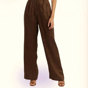 Vintage core women’s high waisted linen pants trousers in chocolate brown